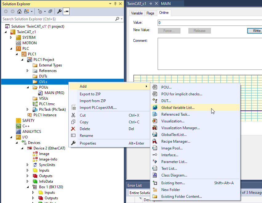 TwinCAT Add Global Variable List