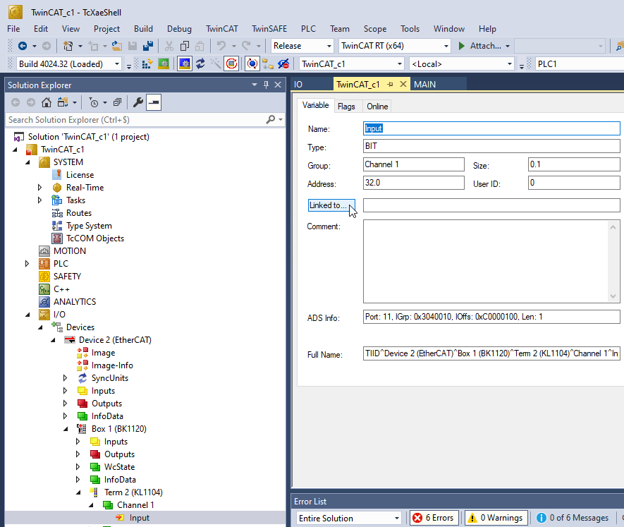 TwinCAT liaison des variables automate aux variables des IO