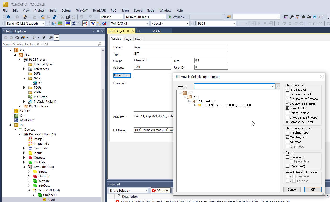 TwinCAT liaison de l'input de la Box à la variable automate BP1