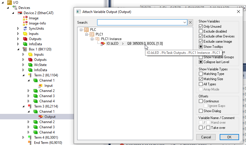 TwinCAT liaison de l'output de la Box à la variable automate LED