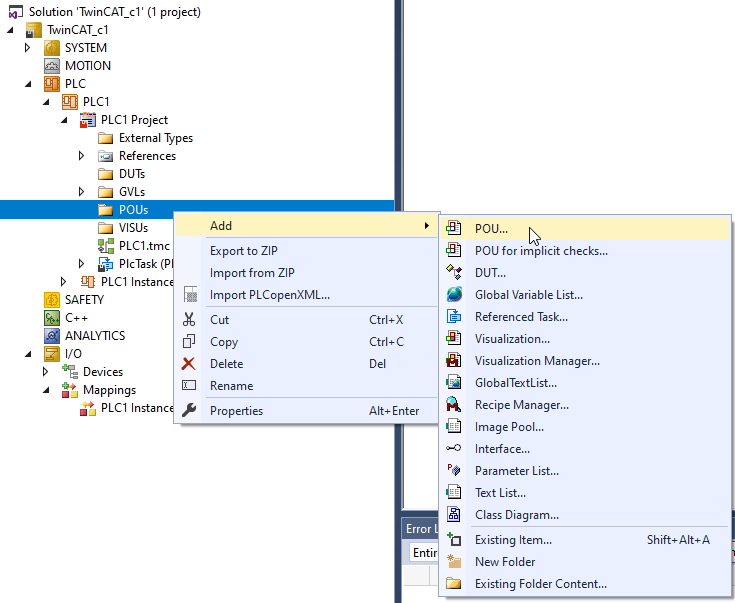TwinCAT Add POU...