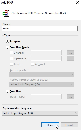 TwinCAT Add POU MAIN type Program Ladder
