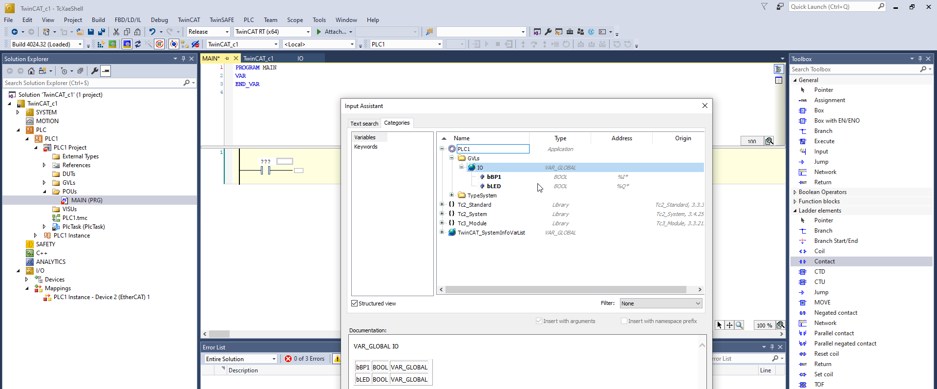 TwinCAT MAIN program Contact