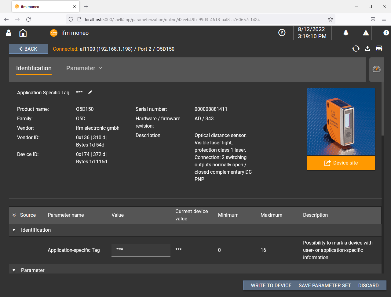 Moneo configuration Détecteur de distance O5D150 IO-Link