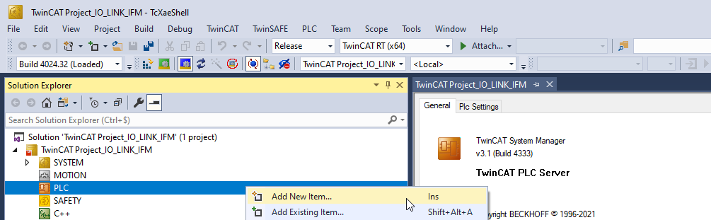 TwinCAT PLC Add New Item