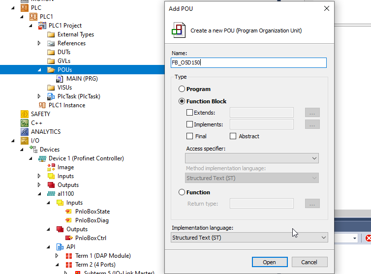 Add POU FB_O5D150 Function Block