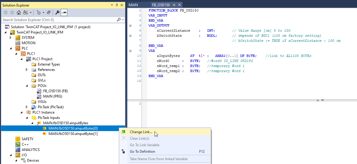 TwinCAT liaisons variables PLC et IO