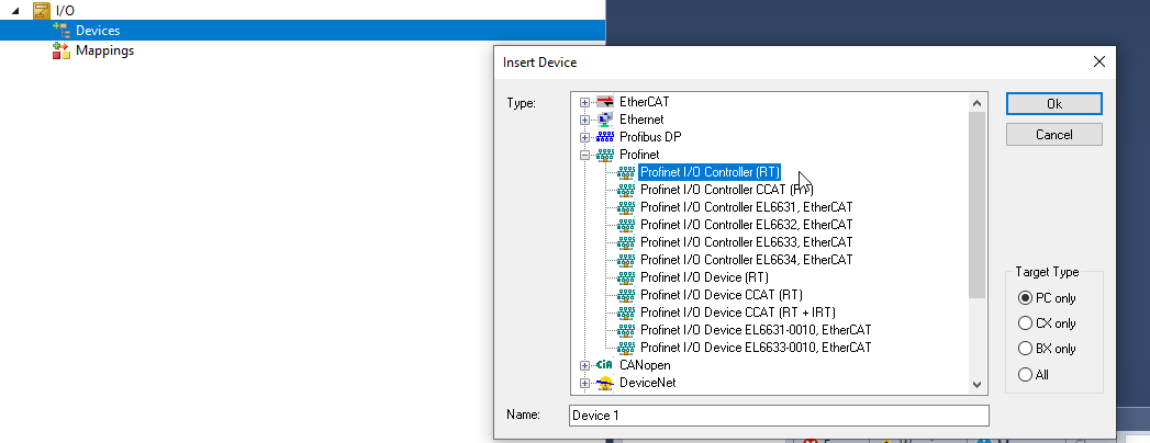 TwinCAT Insert Device Profinet I/O Controller