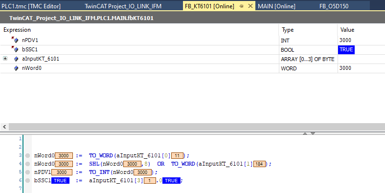 TwinCAT, bouton KT6101 appuyé