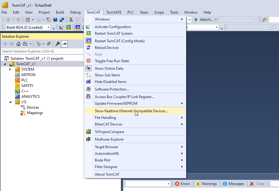 TwinCAT  Show Realtime Ethernet Compatible Devices