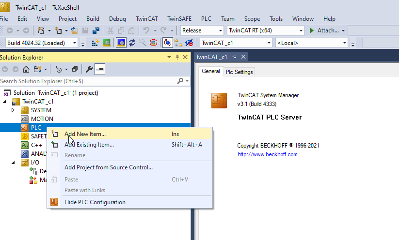TwinCAT PLC Add New Item