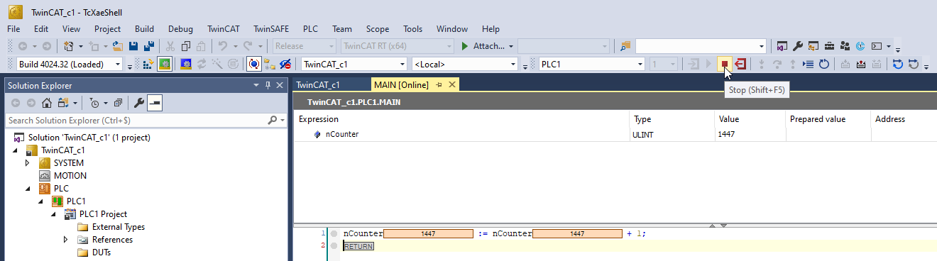 TwinCAT Stop Application (Shift+F5)
