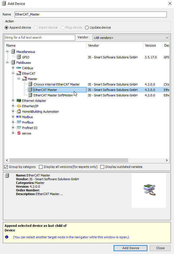 Codesys Add Device EtherCAT Master 