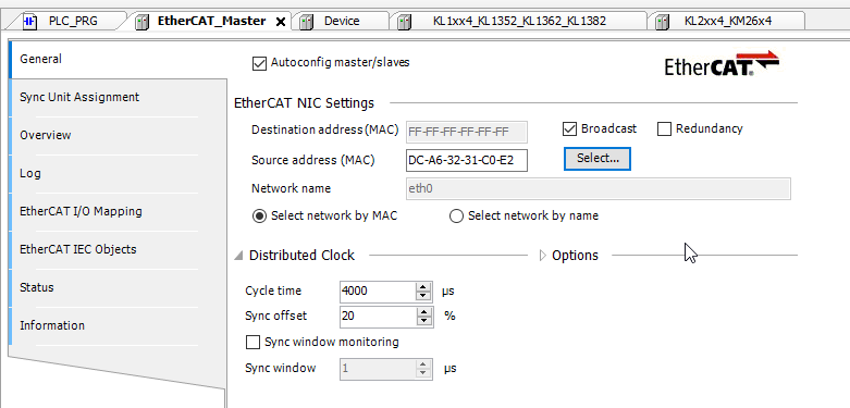 Codesys configuration MAC EtherCAT complétée