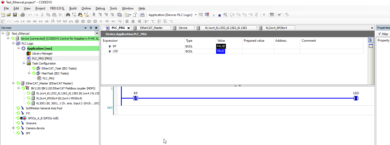 Codesys test de la liaison EtherCAT