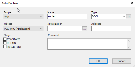 Codesys variable BOOL sortie
