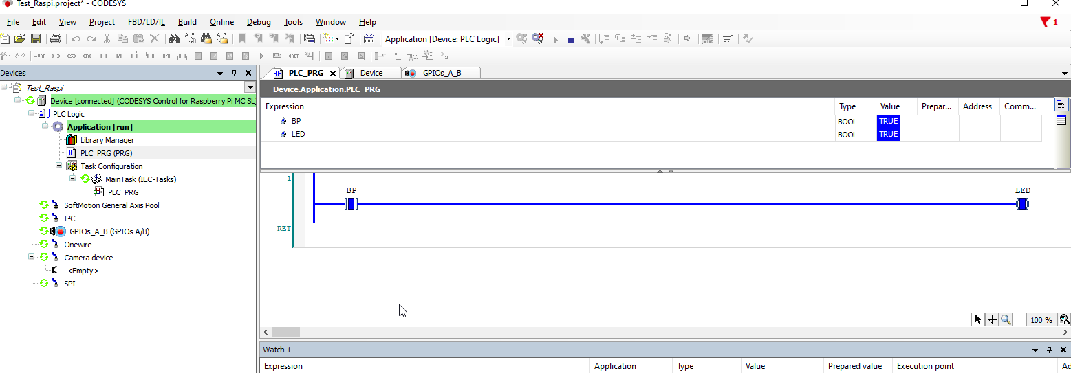 Codesys test pilotage de LED
