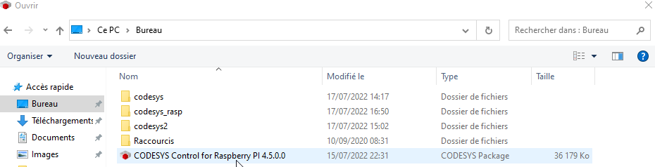 Codesys sélection du fichier Runtime